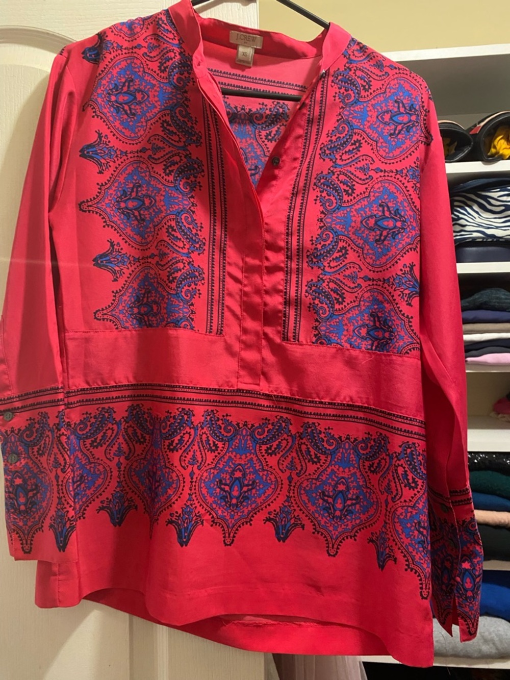 J. Crew Hot Pink Tunic with Blue Paisley Motif